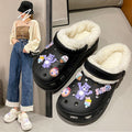 Detachable fleece-lined clogs for women, autumn/winter, girly high-heeled cute student anti-slip cotton slippers, fuzzy cotton shoes