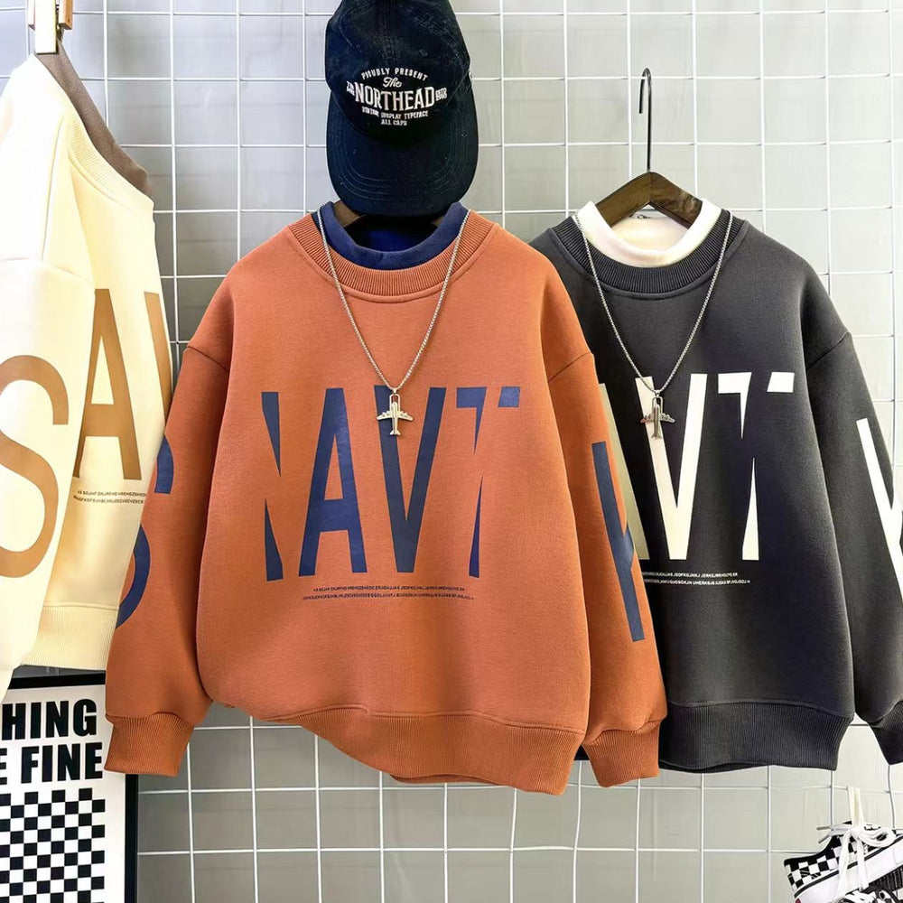 winter new arrival: mid-to-large size children's fleece-lined, extra-thick letter print trendy sweatshirt - boys' warm and cold-proof pullover