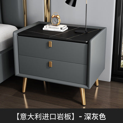Modern minimalist bedroom nightstand - microfiber leather, sintered stone top, solid wood frame, new design with drawer storage, smart enabled