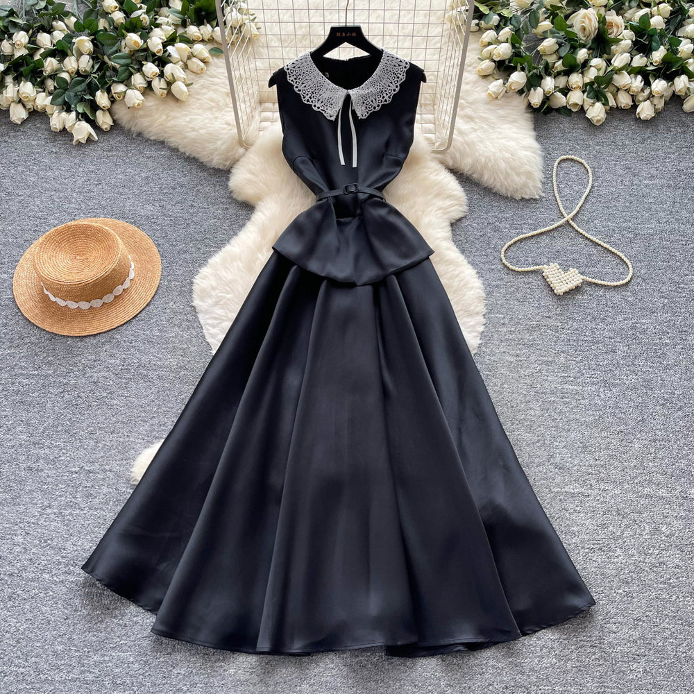 Celebrity style lace doll collar red a-line dress female summer pure lust style high waist waist elegant long skirt work clothing