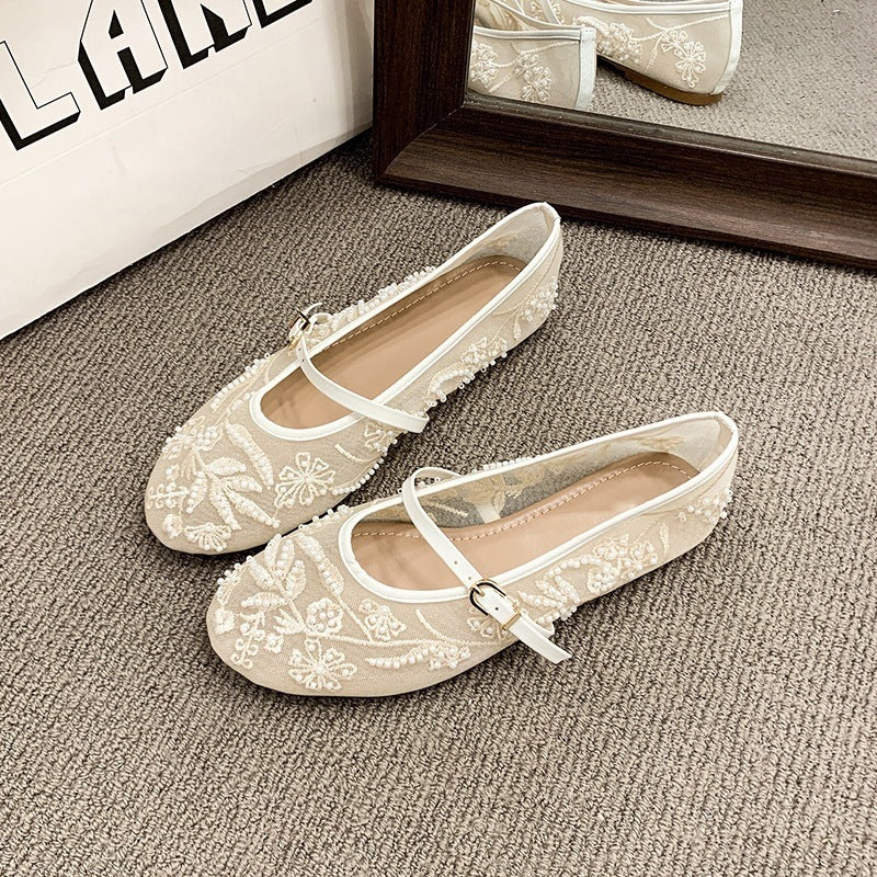embroidered pearl loafers - women's soft leather breathable casual flats - retro chinese style flat heel plus size mesh shoes