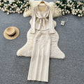 French chic high-end women's autumn set: tie-waist knit top with metal buckle & high-waisted bodycon midi skirt