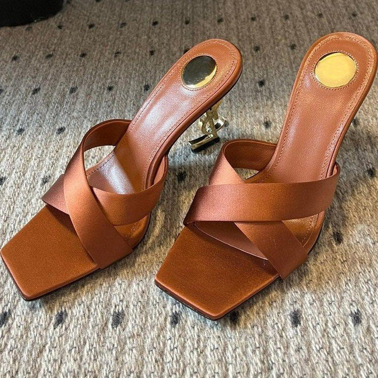 Factory in stock one-strap high-heeled sandals for women cross-strap export best selling special-shaped heels letter heels high-heeled shoes for women