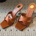 Factory in stock one-strap high-heeled sandals for women cross-strap export best selling special-shaped heels letter heels high-heeled shoes for women