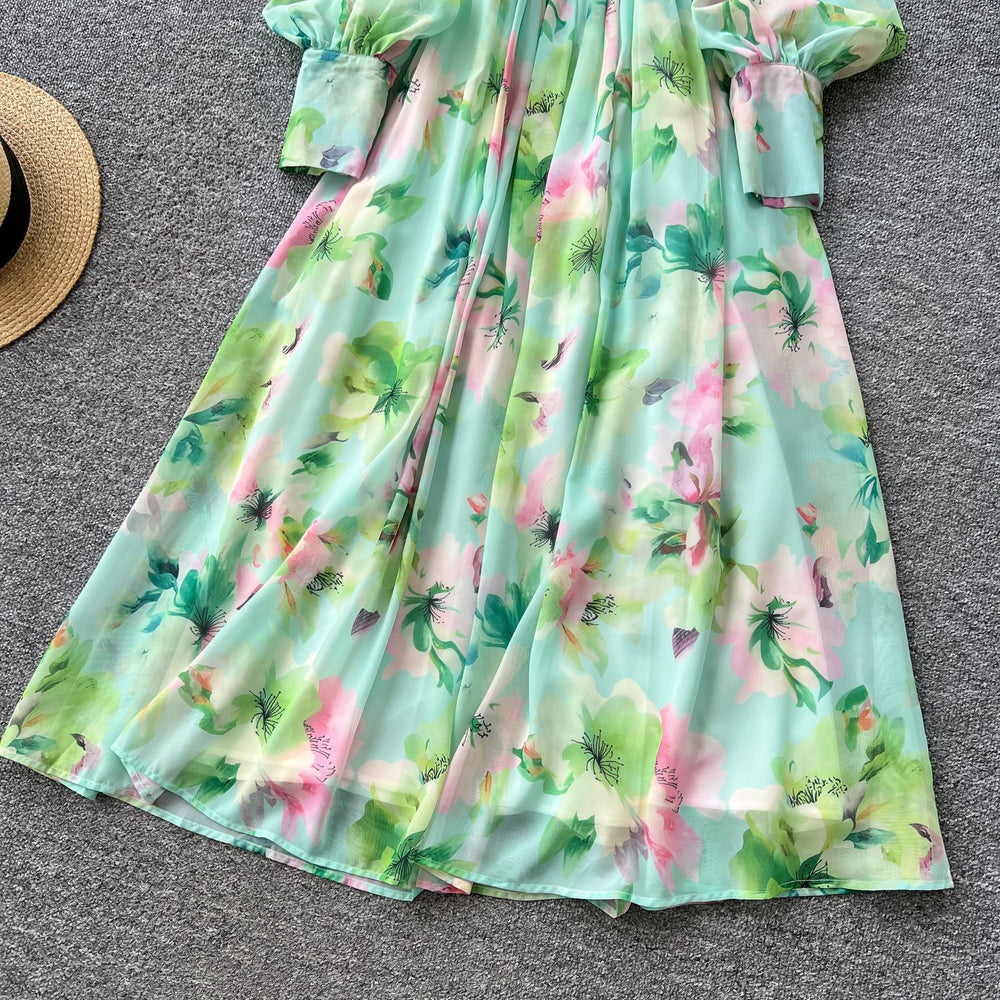 Gentle atmosphere printing lantern sleeve v neckdress women's summer waist slimming look large swing accessible luxuryelegant long skirt