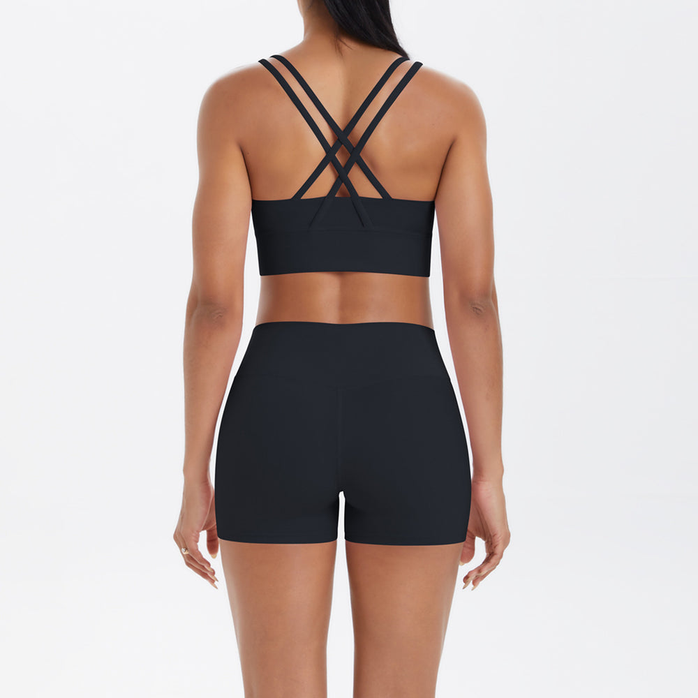 Fashion cross-border nude brushed cross back bra casual sports hip lifting shorts fitness yoga wear two-piece set