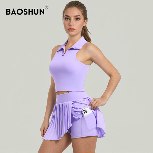 New pleated tennis skirt set, nude outdoor casual running fitness clothes, quick-drying anti-light yoga clothes