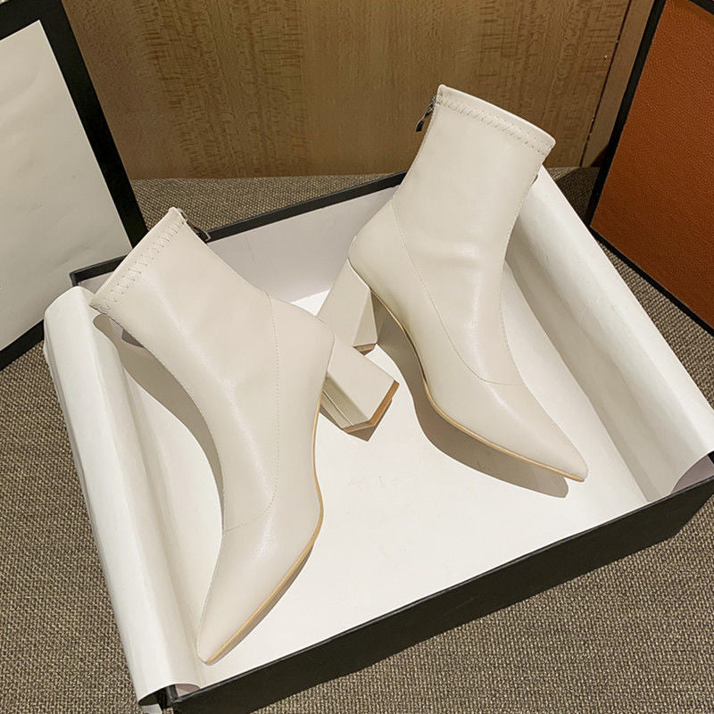 High-heeled short boots for women 2025fall and winternew arrivalk-style zipper pointed toe women's boots nude boots easiest for matchpopularmartin boots women's shoes