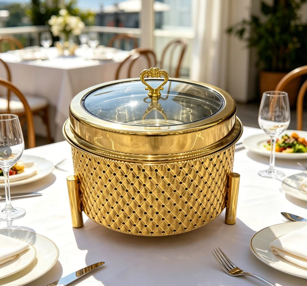 Newly designed stainless steel gold and white 9l thermal pot with alcohol heating, long life and durable hanging lid type food insulation