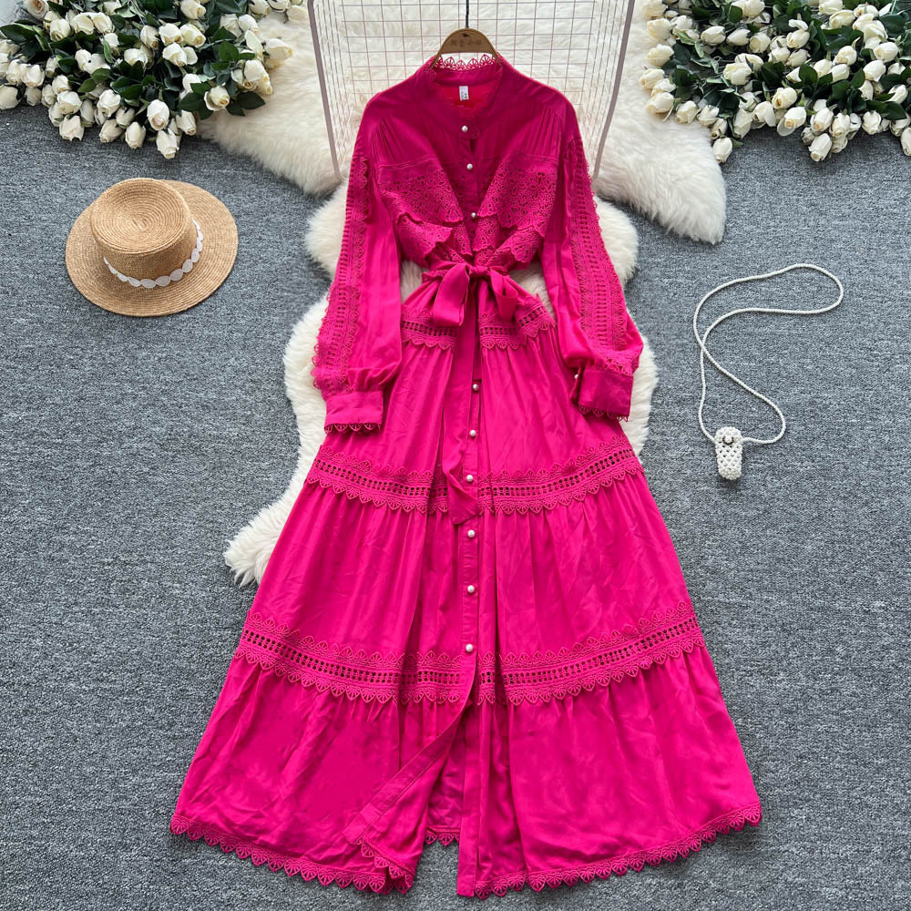 Vintage court style lantern sleeve dress - women's summer hollow-out crochet single-breasted elegant mature lady long dress