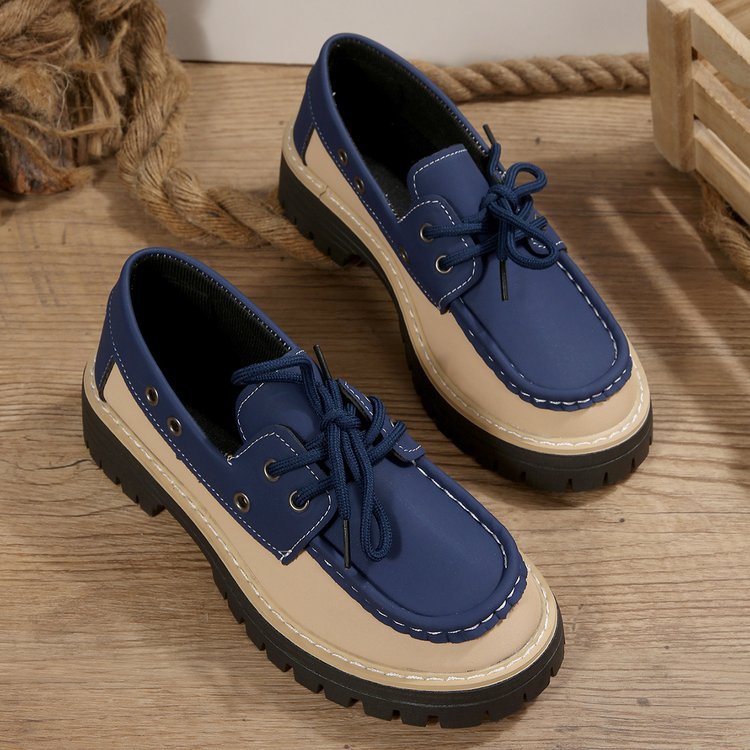 new arrival british style retro front tie backlow ankle flats women's export color matching rivets casualthick sole loafers