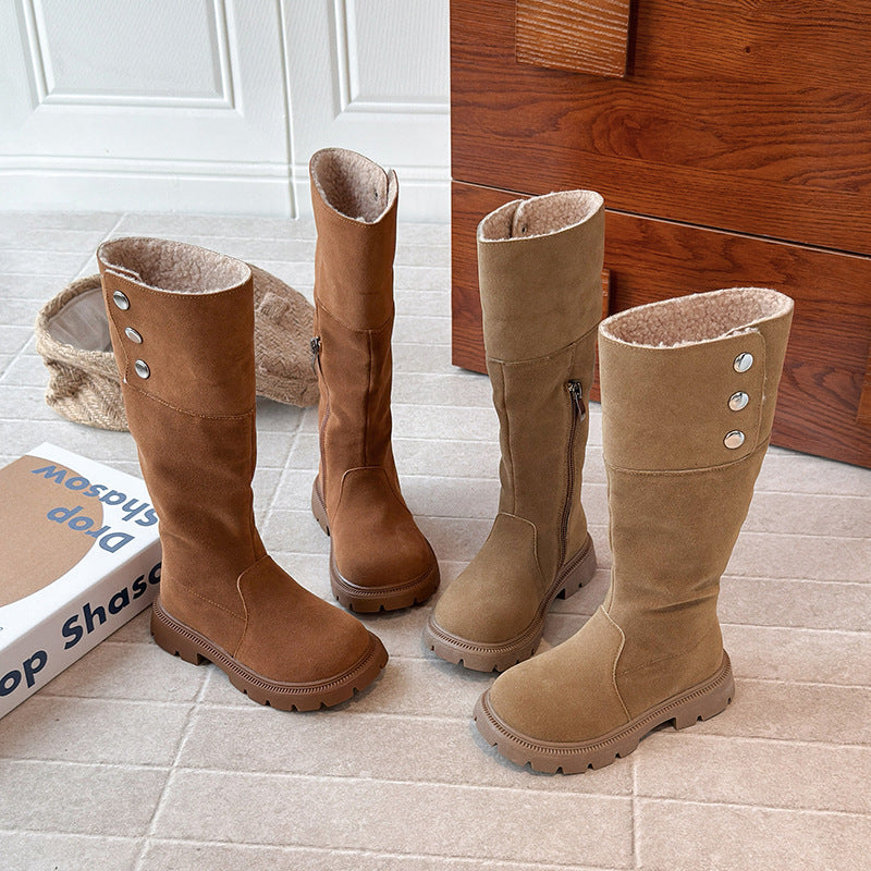 ins velvet boots 2025 autumn and winter new Korean version of girls Maillard flanged high boots thermal cotton boots