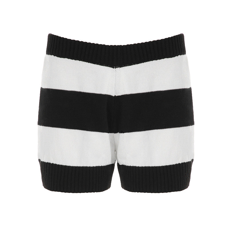 European and American fashion street casual suit, striped contrasting pullover top, long-sleeved woolen shorts suit, two-piece suit for women