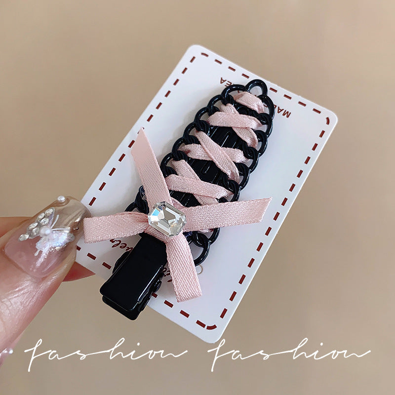 Ballet-style bow ribbon braided hair clip, seamless, versatile, sweet and edgy color palette, perfect for bangs, flyaways, and side hair styling