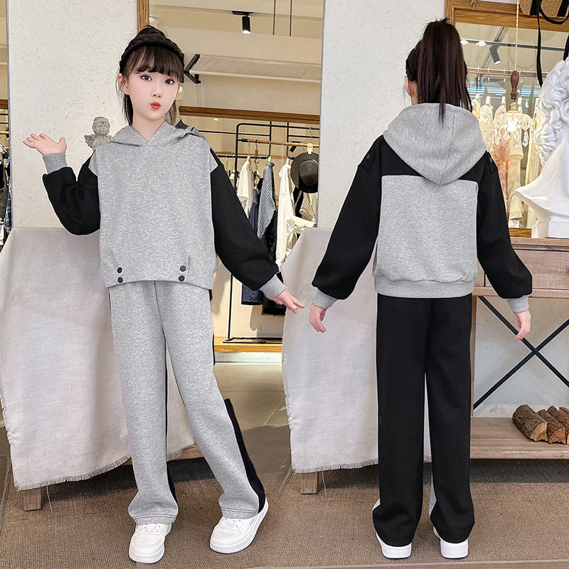 Girls' spring/autumn outfit set,  new korean style, trendy hooded sweatshirt and casual two-piece set for mid-to-large children