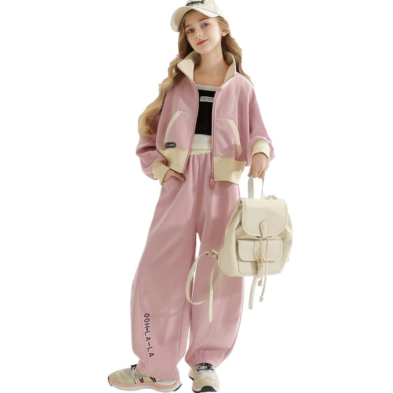 Girls' autumn casual two-piece set:  spring/autumn new arrival, versatile and stylish stand collar jacket with loose-fit pants, autumn outfit