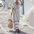 cross-border fashion: european & american summer new arrivals - women's stylish vacation v-neck short sleeve striped ruched maxi dress