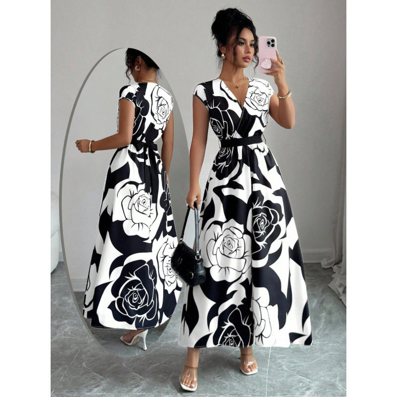 spring new arrival: french floral slim-fit dress with positional print belt