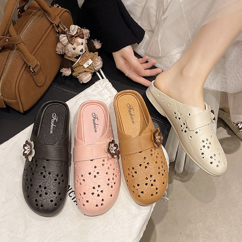 2026 new women's open-toe hollow-out flat sandals with colorful floral design - casual closed-toe slippers