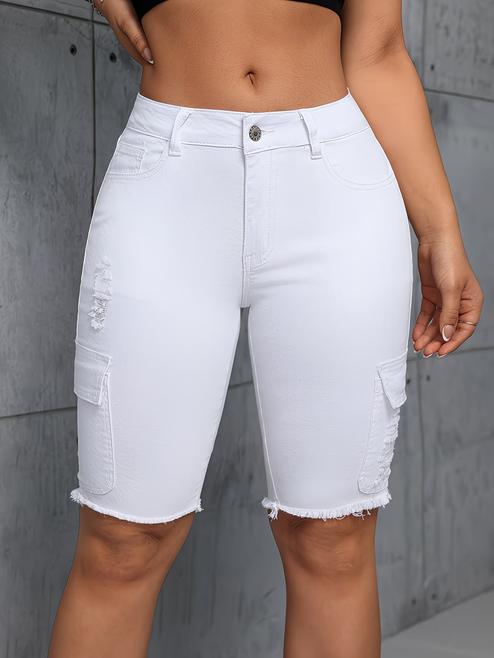 Fashionjeans women's white workwear multi-pocket hole raw edge half length pants high waist elastic cross-border jeans