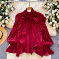 Sense of designniche style chic fungus edge beaded shirt women's stand collar lantern sleeve single breasted pure colorsweettops