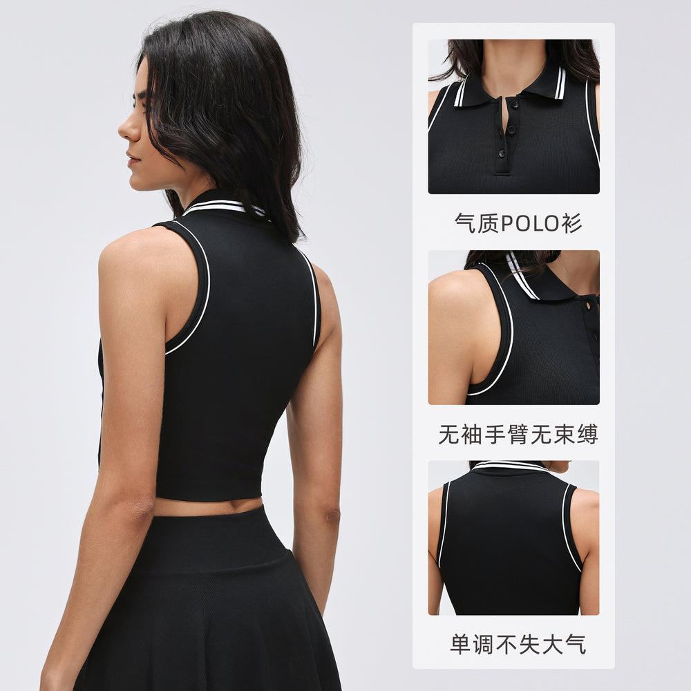 Seamless color block button-down collar sports tank top - women's fashionable and versatile top with built-in bra pads for fitness and yoga - d26078