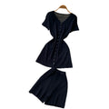 Simple commute style slim-fit elegant two-piece set for women - summer v-neck button-up vest and shorts outfit