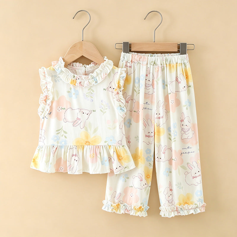 Girls' rayon outerwear set - cartoon print, loungewear, loose fit, breathable, cute summer lightweight lace pajamas