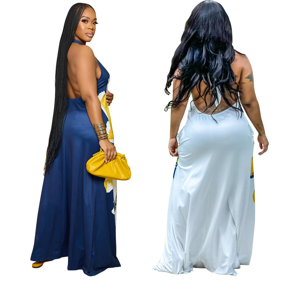 C6632 cross-border   fashion women's backless halter neck printed maxi dress