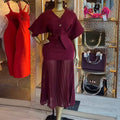 European and american women's clothing  autumn new sweet and fresh v-neck batwing sleeve blouse and high-waisted bodycon midi skirt two-piece set