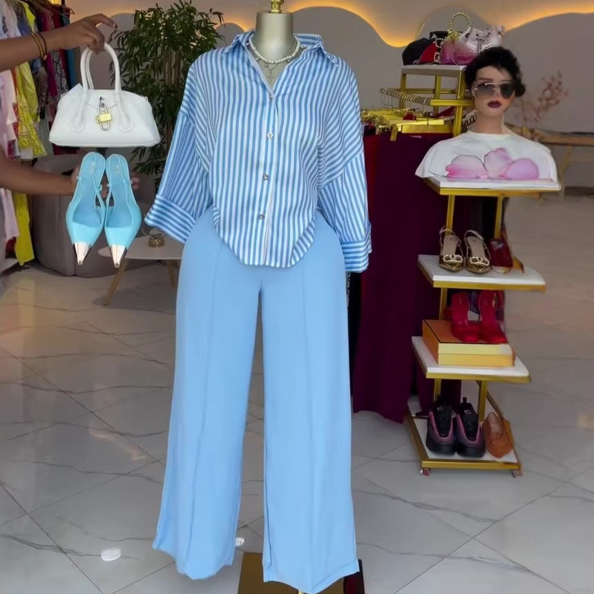 European and american cross-border women's clothing  summer new arrival: elegant casual striped loose-fit shirt and wide-leg pants fashion set