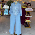 European and american cross-border women's clothing  summer new arrival: elegant casual striped loose-fit shirt and wide-leg pants fashion set