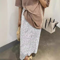 2025 european and american new fashion high-waisted slimming sequin midi skirt - women's elastic waist, back slit, stretch straight-leg long skirt