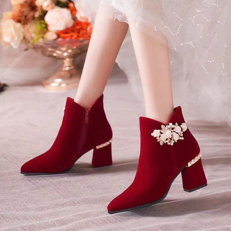 Wedding shoes bridal shoes winter fleece-lined thick heel 2024new arrivalwinter red high heels women's wedding boots not tiring feet