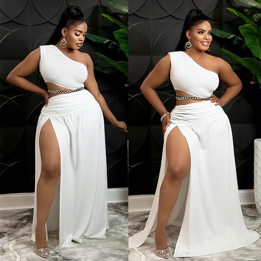 supply european and american clothing  pure color asymmetrical one-shoulder tops large slit floor-length skirt suit