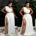 supply european and american clothing  pure color asymmetrical one-shoulder tops large slit floor-length skirt suit