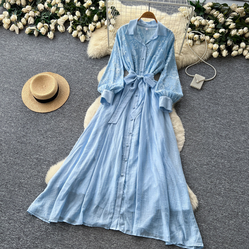 Frenchretro lapel lantern sleeve sequindress women's summerk-style strap waist slimming look long skirt work clothing