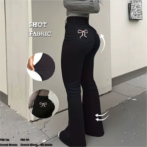 European and american style women's black high-waisted stretch flare jeans with bow embroidery - high-waisted, butt-lifting, stretch denim flare pants