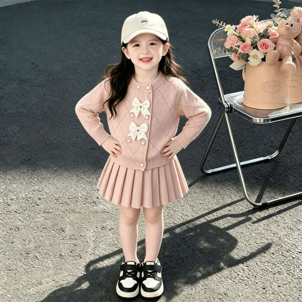 Girls' knit sweater set -  autumn/winter collection: chanel-inspired jacquard double-breasted cardigan & premium knit midi skirt two-piece set