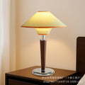 Vintage walnut double-layered conical fabric table lamp with linen shade - retro cream style for bedroom nightstand or study