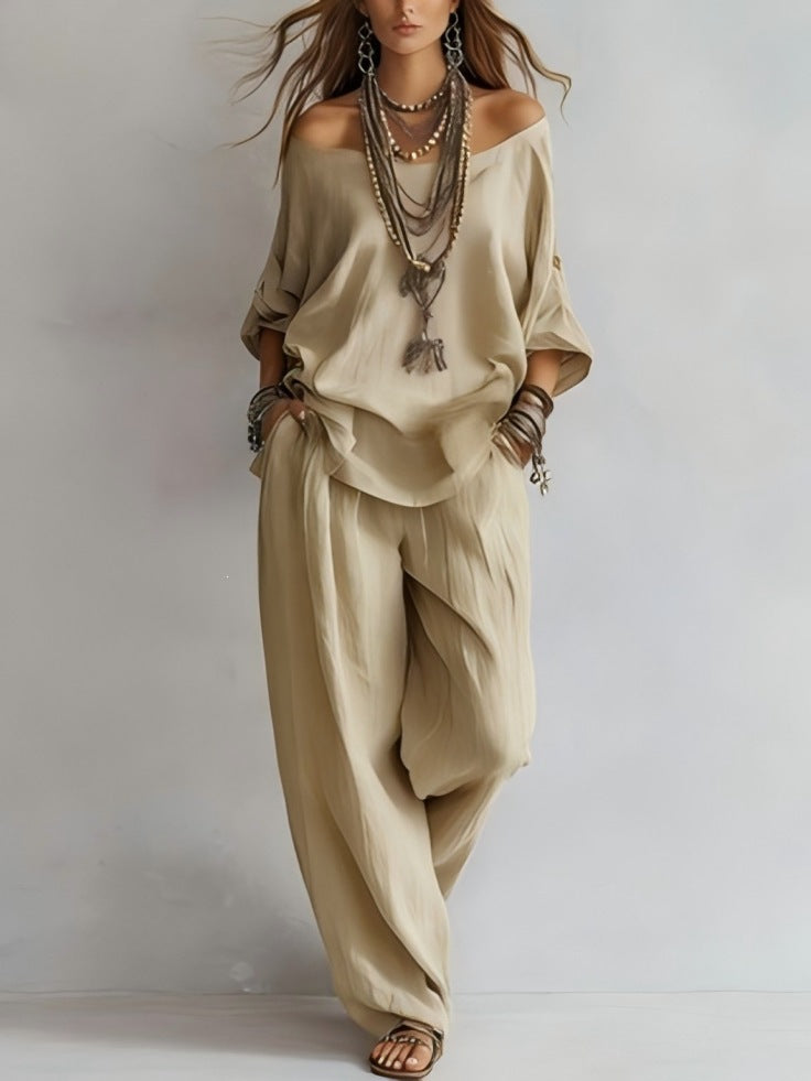 European and american cross-border  independent station summer new casual loose linen three-quarter sleeve top + wide-leg pants set
