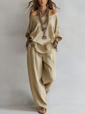 European and american cross-border  independent station summer new casual loose linen three-quarter sleeve top + wide-leg pants set