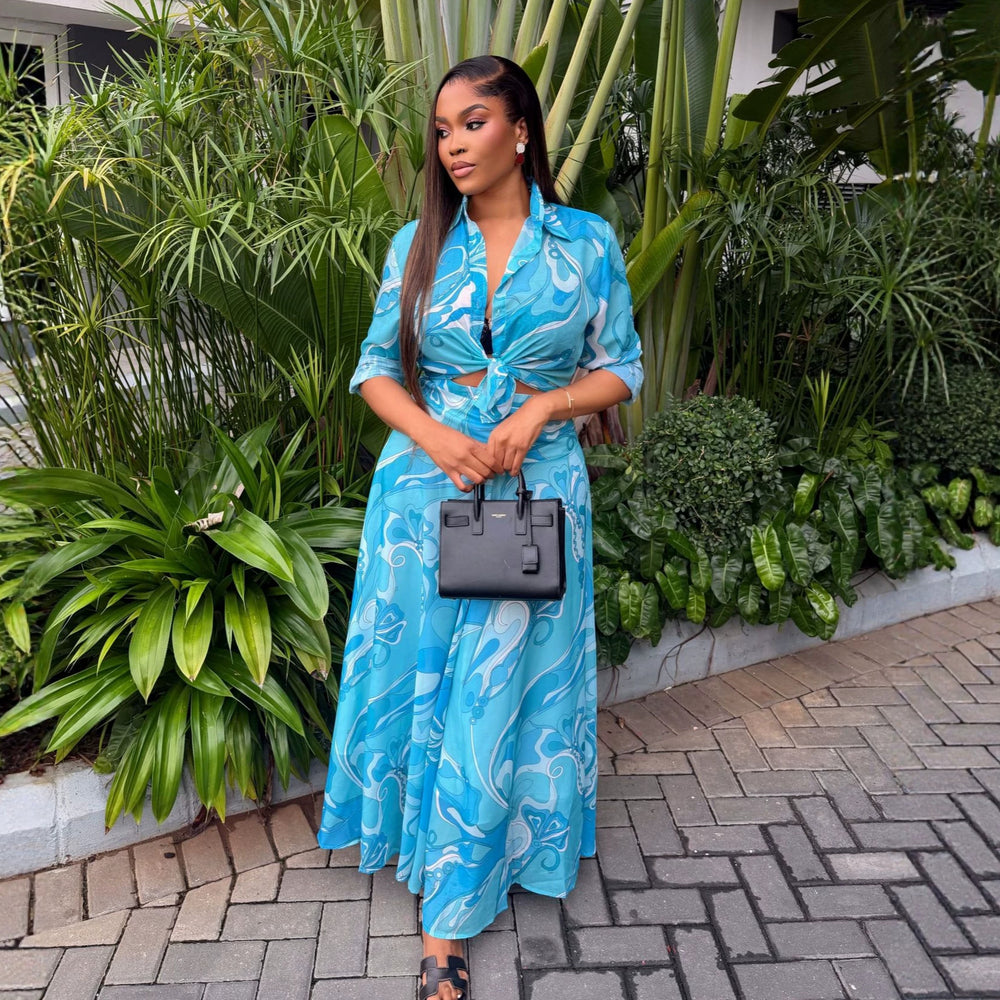 European and american cross-border women's clothing  summer new arrival: elegant casual printed long-sleeve shirt and high-waisted midi skirt set