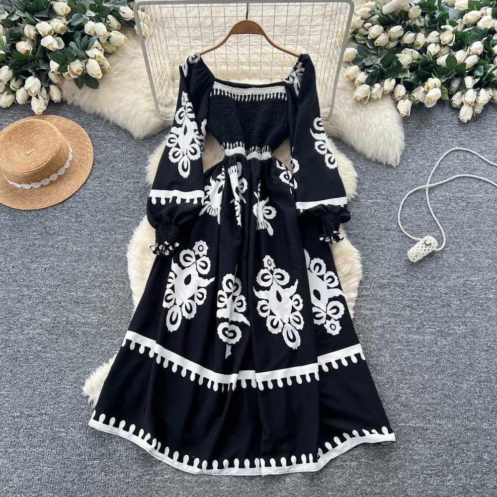 Vintage print long sleeve korean style square neck dress - women's summer a-line bohemian maxi dress with cinched waist
