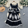 Vintage print long sleeve korean style square neck dress - women's summer a-line bohemian maxi dress with cinched waist
