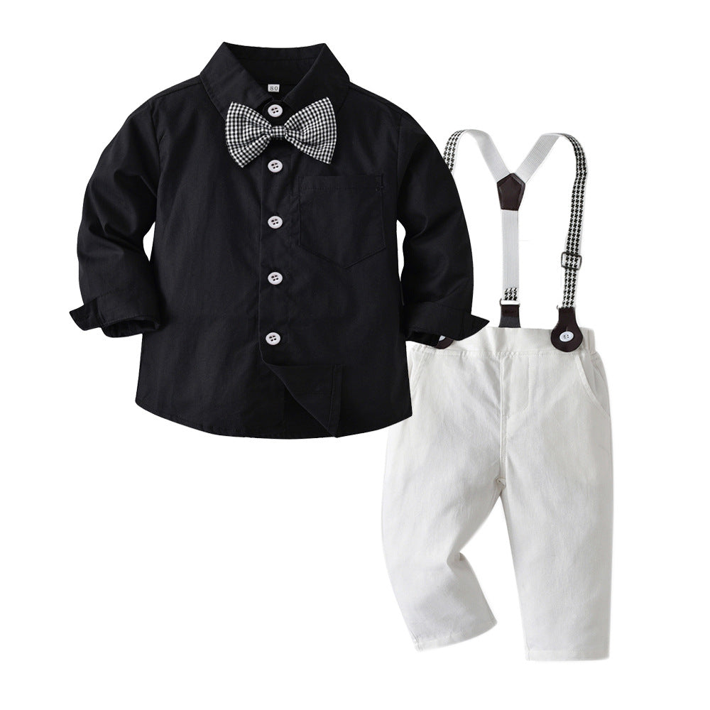 spring new boys' korean style outfit: long-sleeved shirt & striped overalls two-piece gentleman's children's clothing wholesale
