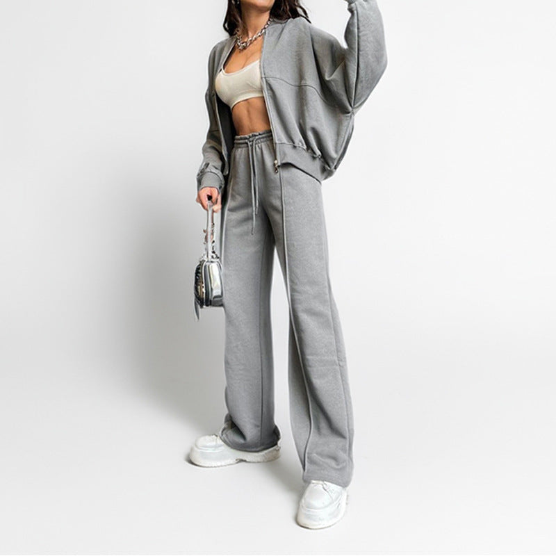 cross-border e-commerce women's fashion: european and american summer new arrivals - solid color zip-up cardigan sweatshirt, stylish casual outfit set