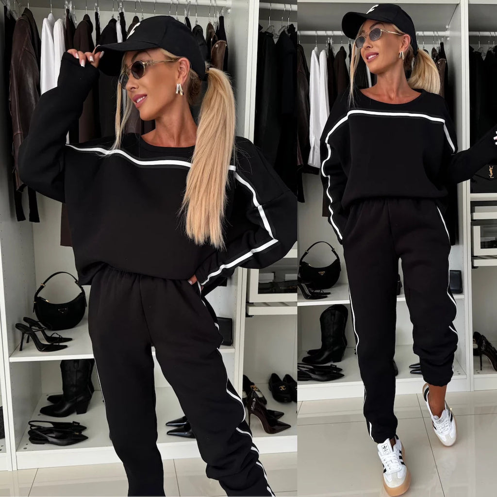 Europe, America and Autumn New Women's Casual Color Matching Set Crew Neck Long Sleeve Sweater Sports Elastic Pants Two-piece Set