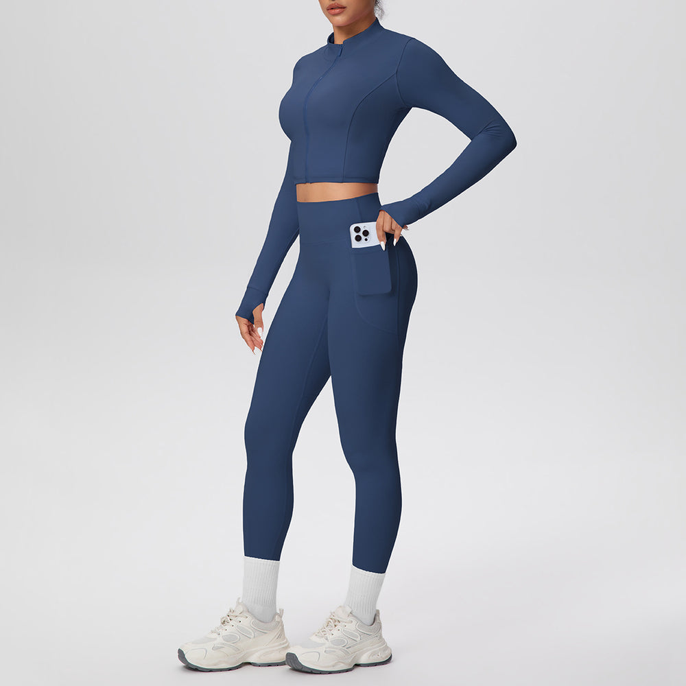 Ready-to-ship cross-border solid color brushed micro-fleece short jacket & leggings set - tight fit, pocketed, perfect for running, fitness, and yoga