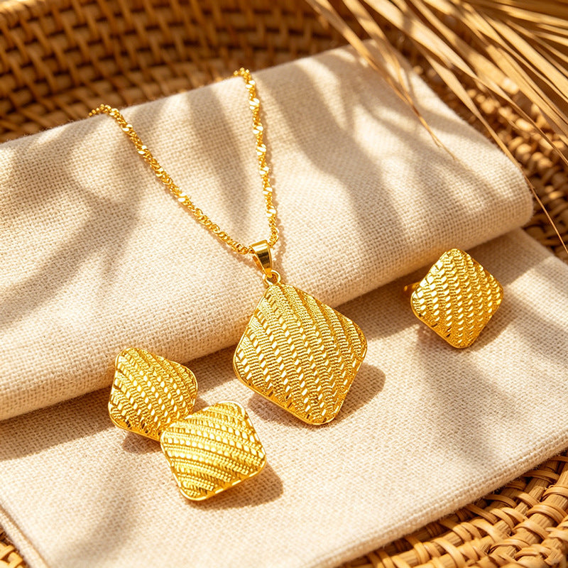 Middle eastern dubai jewelry set - square necklace, earrings, and ring - bridal jewelry three-piece set